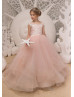 Pink Lace Tulle Beaded Flower Girl Dress With Horsehair Hem
